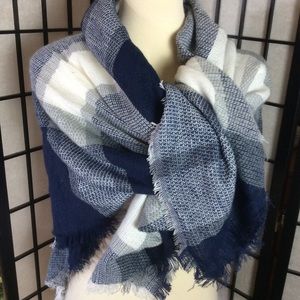 Navy & White Wool Blend Checkered Oversized Scarf!